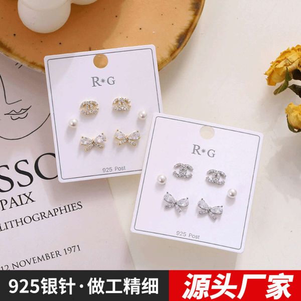

simple cold wind s925 tremella nail set 2020 new fashion small design temperament bowknot earrings for women, Black