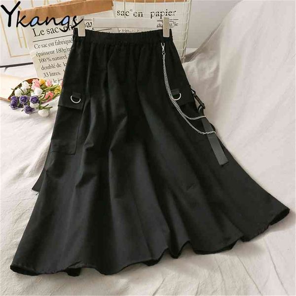 

harajuku vintage long skirts womens summer high waist pockets pleated cargo plus size ladies white black skirt jupe femme 210421