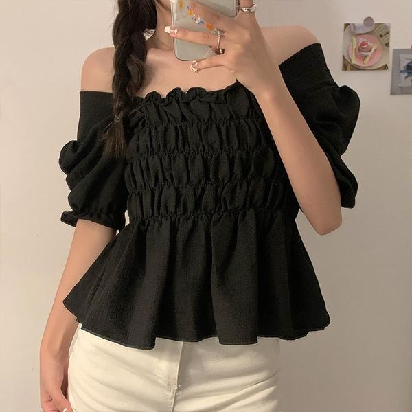 

women's blouses & shirts large size women 's off-shoulder puff sleeve shirt summer fashion design sense pleated casual top, White