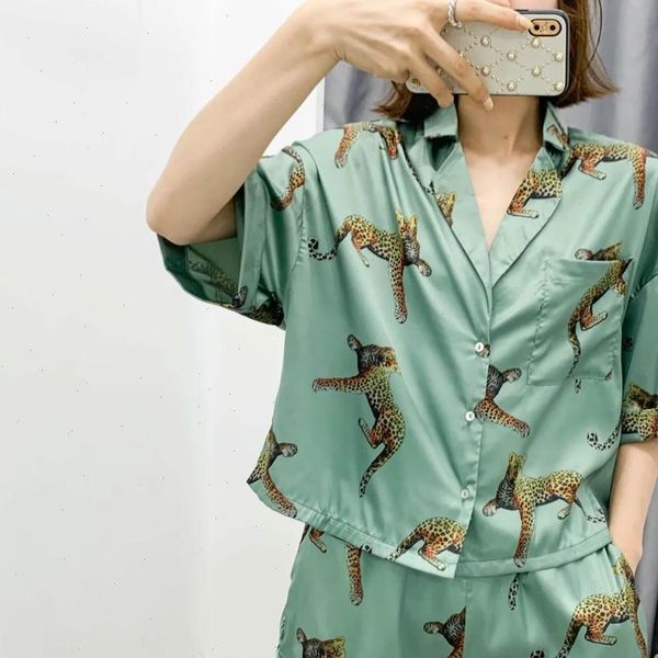

summer two piece set womens tracksuits leopard printed pajama style soft short blouse amp casual shorts loose, Gray