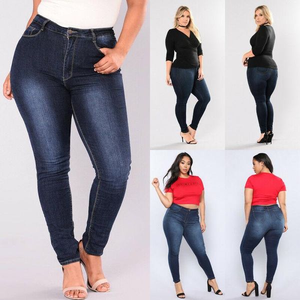 

brand overweight women's plus size stretch denim skinny jeans pencil pants plump female high waist trousers, Blue