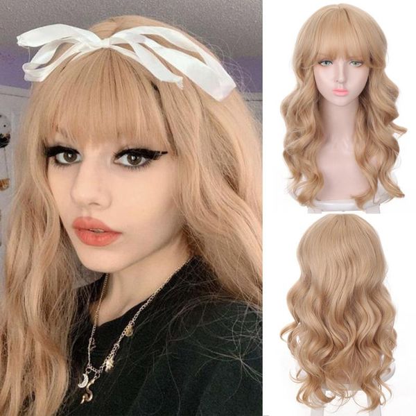 

synthetic wigs houyan long wavy curly hair women's wig with bangs golden pink black party