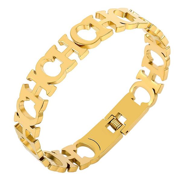 

titanium steel gold bangle hollowed-cut ch linked design with spring closure women men bracelet jewelry, Black