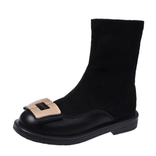 

boots autumn winter fashion square button shoes flat bottomed round head heel suede middle sleeve elastic sock 2021, Black