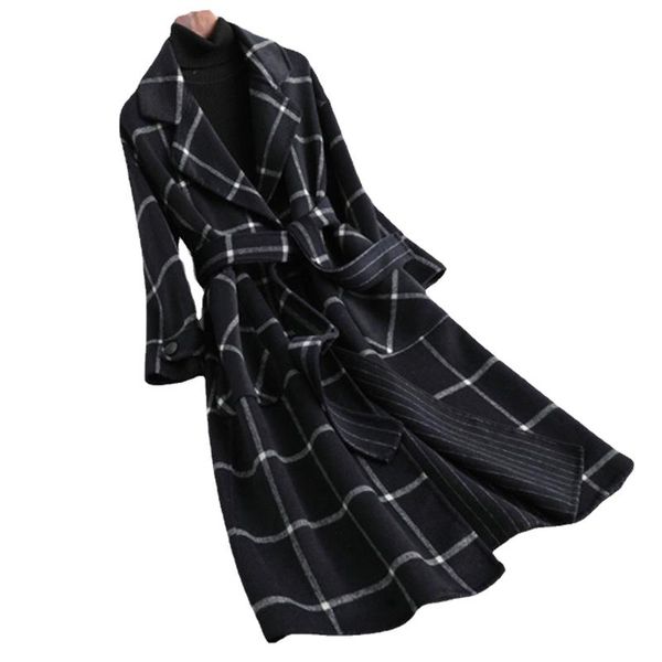

women's wool & blends winter women plaid coat with belt thick warm casual long jacket female full sleeve turn-down collar loose w776, Black