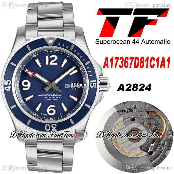 

tf superocean 44 eta a2824 automatic mens watch a17367d81c1a1 blue bezel dial stick number markers stainless steel bracelet super edition wa, Slivery;brown
