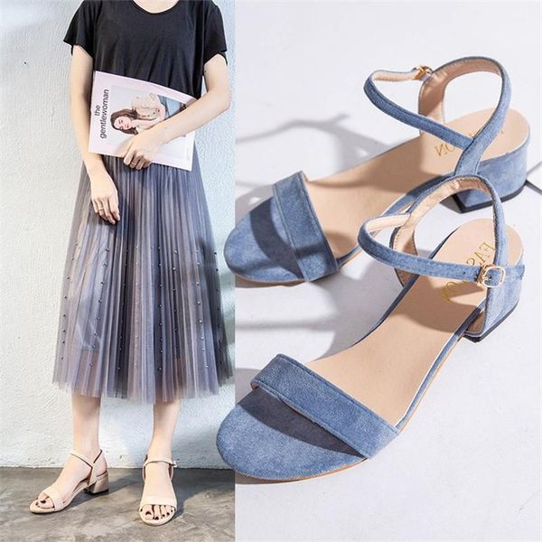 

sandals women's shoes 2021 summer suede sweet buckle thick heel low women, Black