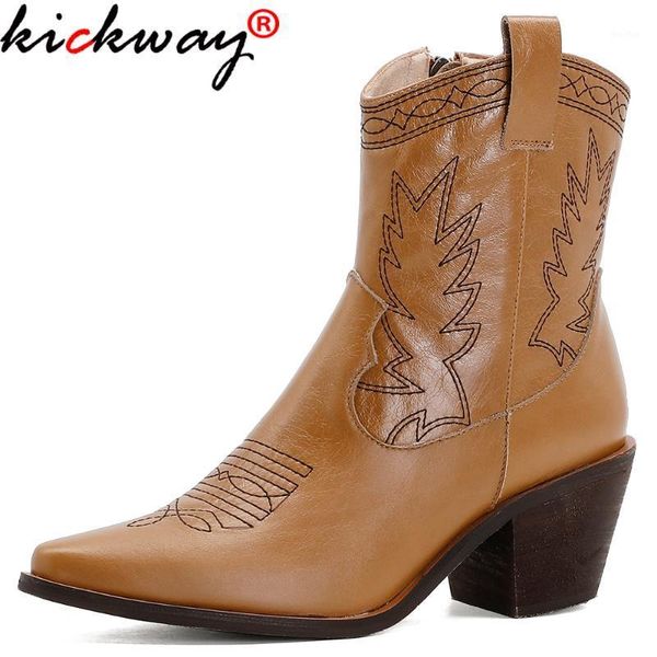 

boots kickway genuine leather embroider cowboy ankle for women autumn winter pointed wedge high heel western cowgirl1, Black