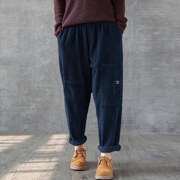 

running pants fashion lady corduroy multi-pocket stretch waistline large size trousers fleece women streetwear pantalones mujer, Black;blue