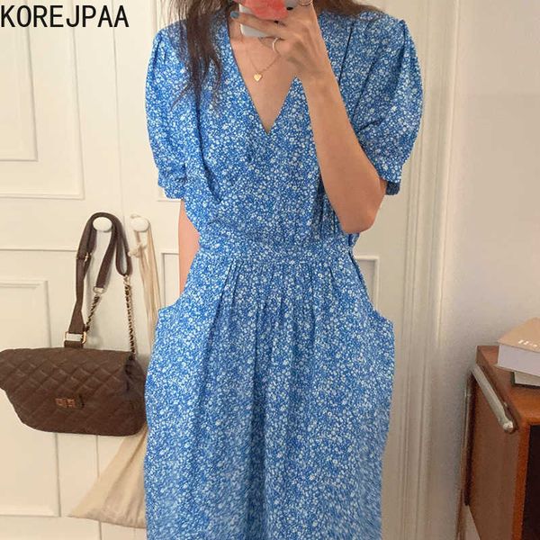 

korejpaa women dress summer girls french retro gentle floral slimming v-neck lace-up waist long pocket puff sleeve vestidos 210526, Black;gray