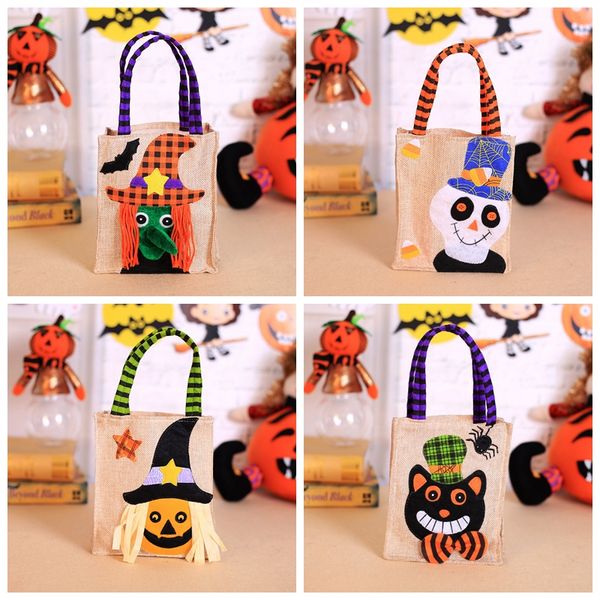 Simpatica tela di lino di Halloween Confezione regalo Borse di stoffa Dolcetto o scherzetto Sacchetto di caramelle Strega Zucca Gatto nero Borsa Decorazione per feste Confezione regalo TH0097