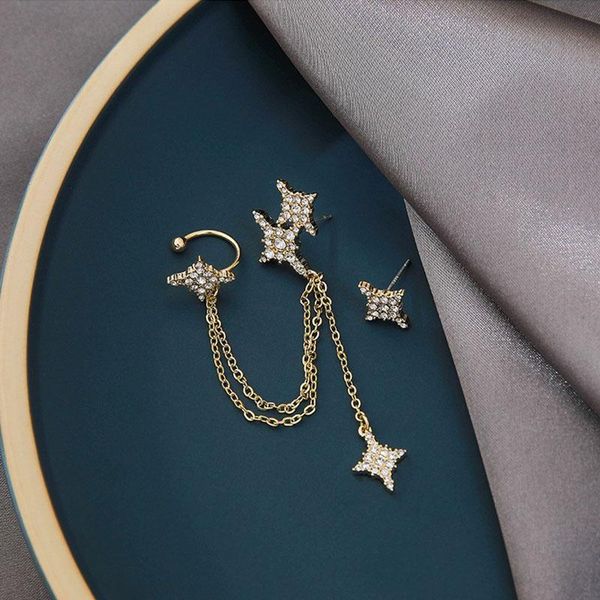 

dangle & chandelier korean version of the temperament asymmetrical hexagon star earrings personality super fairy long tassel ear bone clip, Silver