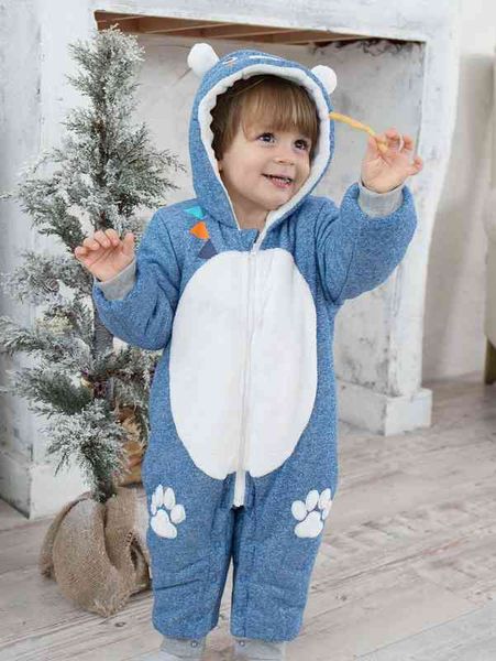 

baby 3d ear design colorblock & cartoon graphic zip up jumpsuit she, Blue