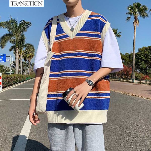 

men's vests 2021 autumn korean loose striped v-neck sweater pullover vest, Black;white