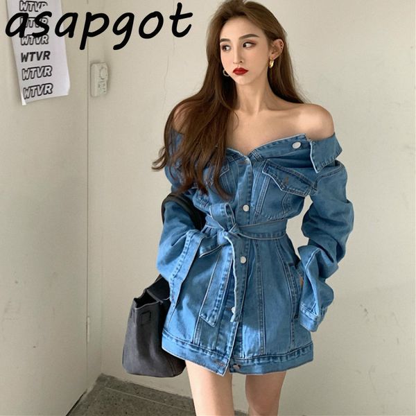 

asapgot korea chic off the shoulder jean jacket slim waist autumn wild casual vintage loose slash neck denim coat 210429, Black;brown