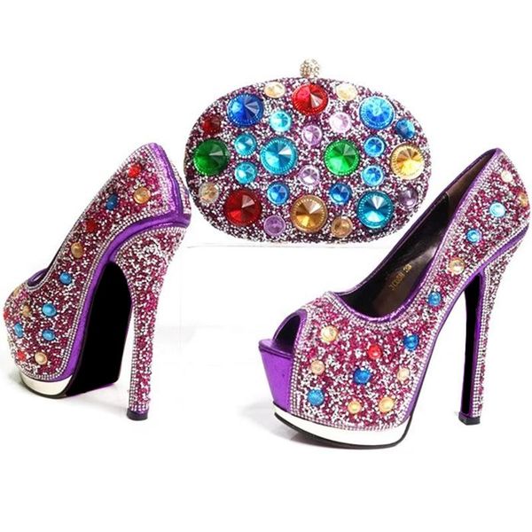 

arrival purple color italian shoes ladies shoe and bag set decorated with rhinestone italy 2021 women dress, Black
