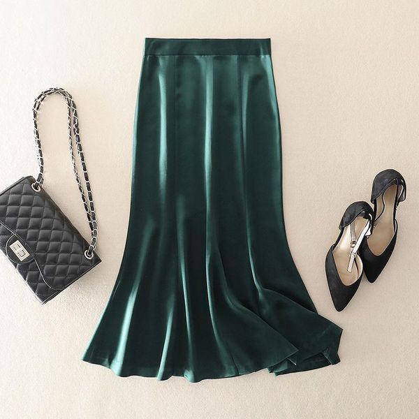 

korean england style office simple womens skirts solid satin elegant summer long skirt women faldas mujer moda plus size, Black