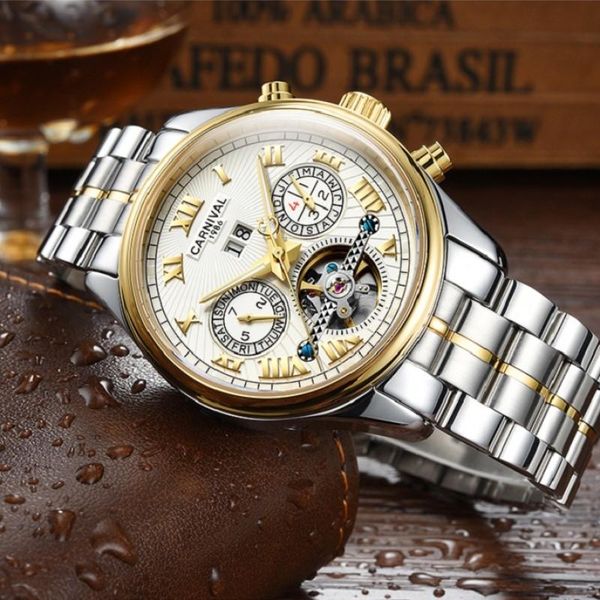 

carnival men watches casual fashion 30m waterproof tourbillon automatic mechanical wrist watch wristwatches, Slivery;brown