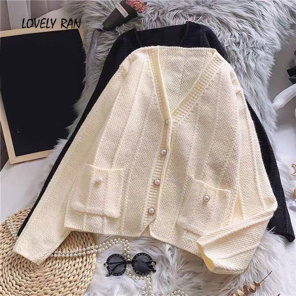

women's knits & tees knitted sweater cardigans v-neck long sleeve pearl button female sweaters spring korean elegant lady coats x, White