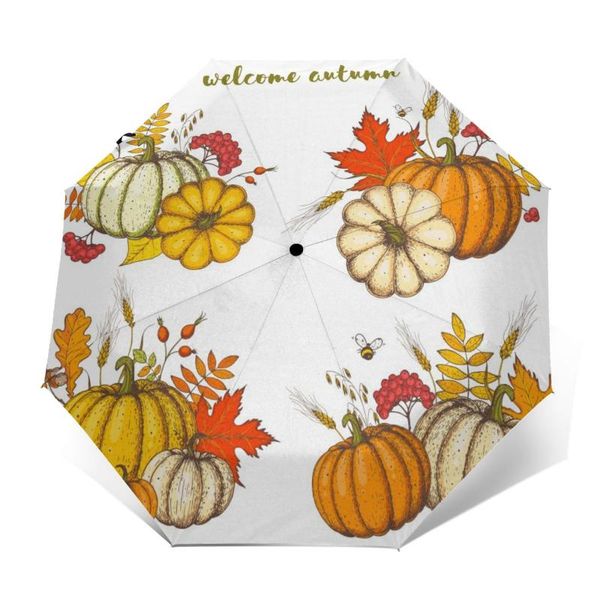 

umbrellas wind resistant fully-automatic umbrella hand drawn frame with fall leaves pumpkin rain 3 folding parasol travel car
