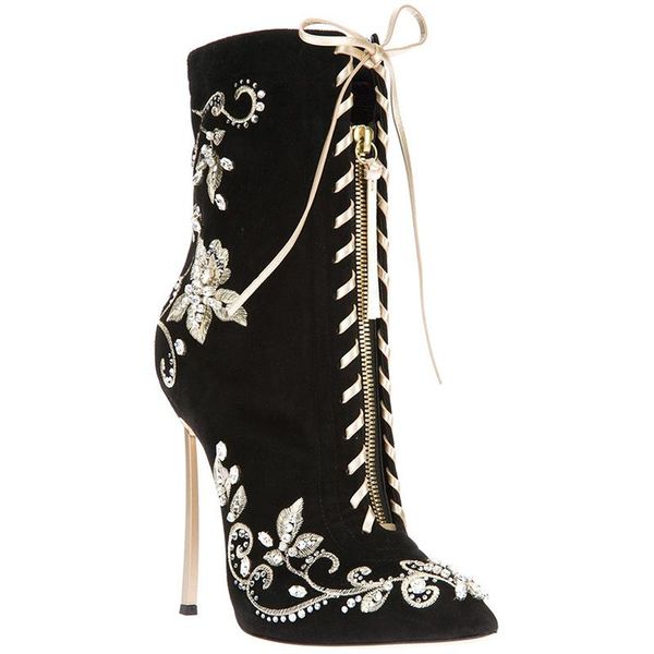 

boots real pos suede mid ankle cross lace embroidery flower women's shoes flock stiletto high heels designer rhinestone botas, Black