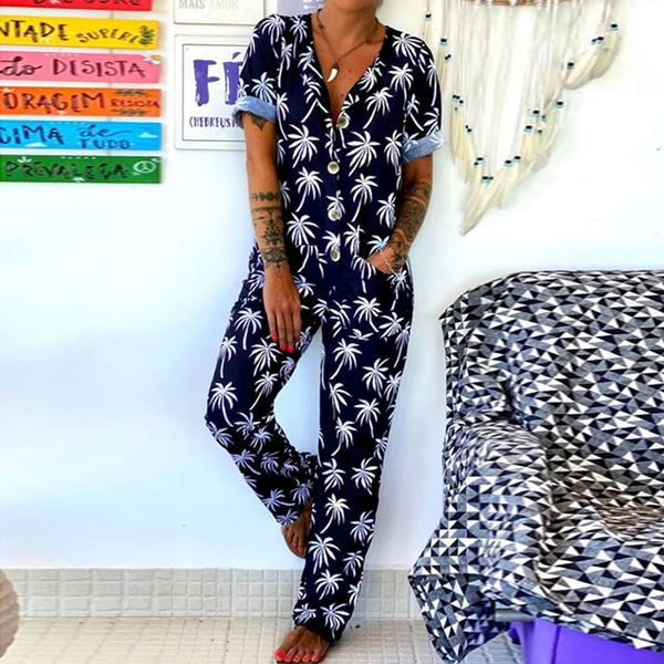 

fashion cartoon skull print jumpsuit 2021 spring summer casual button loose overalls bodysuit women short sleeve romper playsuit, Black;white