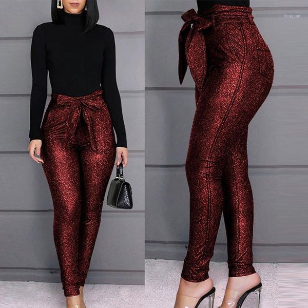 

women's pants & capris women slim bodycon glitter bowtie sashes elastic trousers female office lady work wear classy tight elegant mode, Black;white