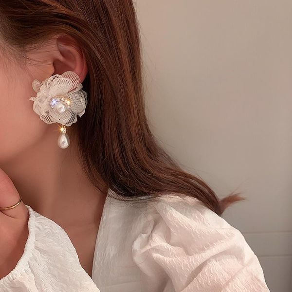 

stud pearl drop fabric white flower with earrings, Golden;silver