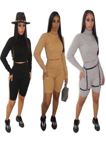 

women's tracksuits autumn winter versatile high collar long sleeve shorts casual suit l21709, Gray