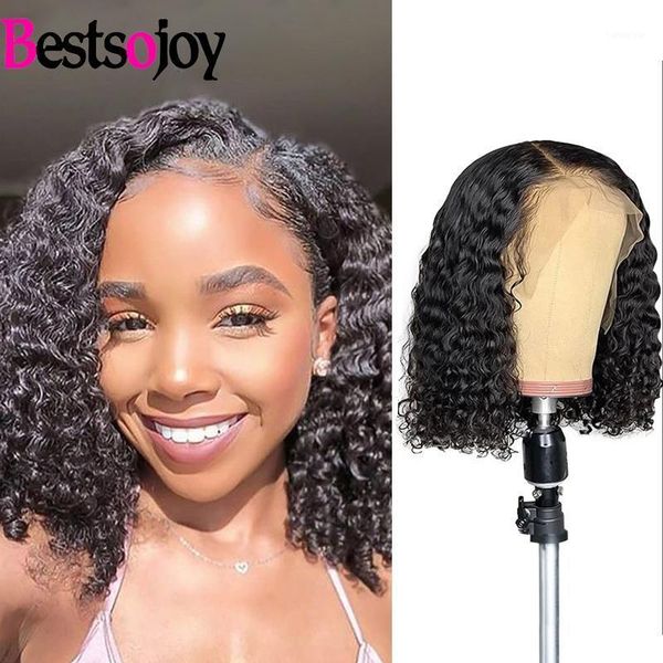 

sojoy 4x4 human hair wigs curly lace front with baby kinky frontal wig closure bob wig1, Black;brown