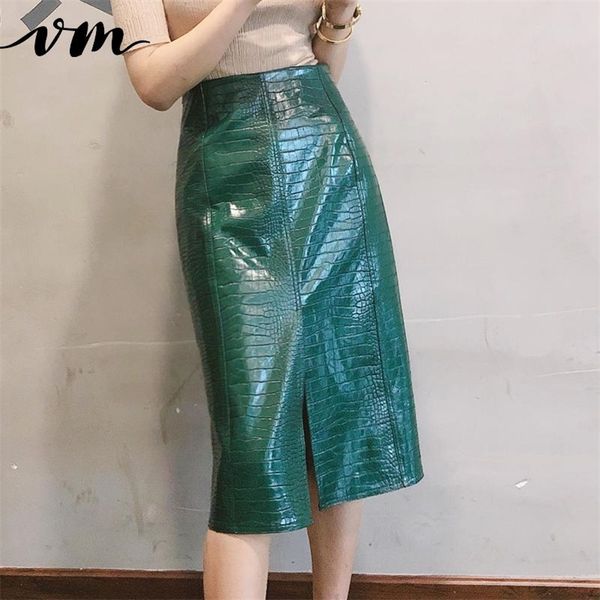 

vm women skirt pu leather skirts split high waist long pu alligator black red green vintage long skirts winter new fashion 210412