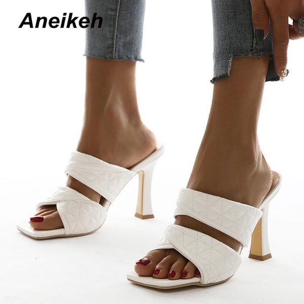 

aneikeh retro sqaure peep toe quilted weave mule summer head thin high heel fashion 35-40 slip on slides ladies party shoes slippers, Black