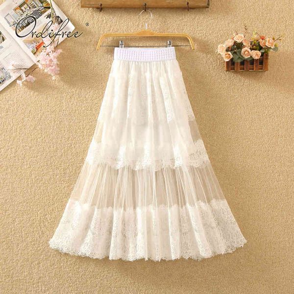 

summer high women long vintage elastic waist white lace maxi tulle skirt 210415, Black