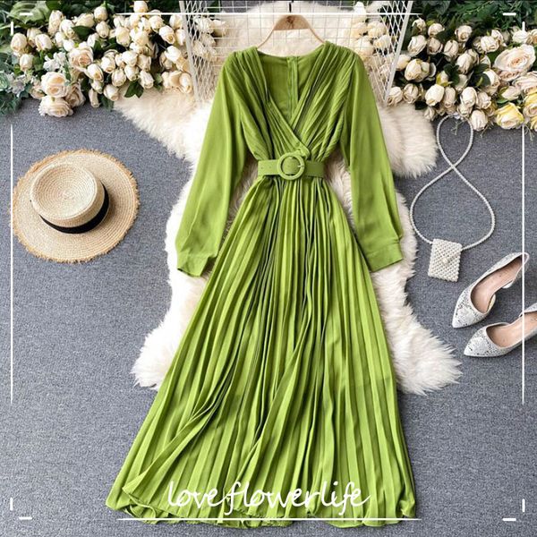 

spring v neck solid slim vintage dress long sleeve high waist elegant women long dress fashion pleated bandage vestidos 210521, Black;gray