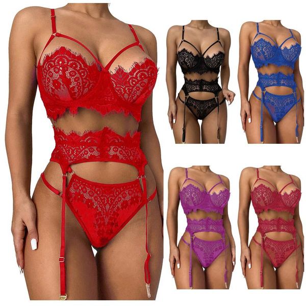 

yoga outfit 3 piece bra set fashion lace lingerie underwear sleepwear g-string pajamas garter women hallow out