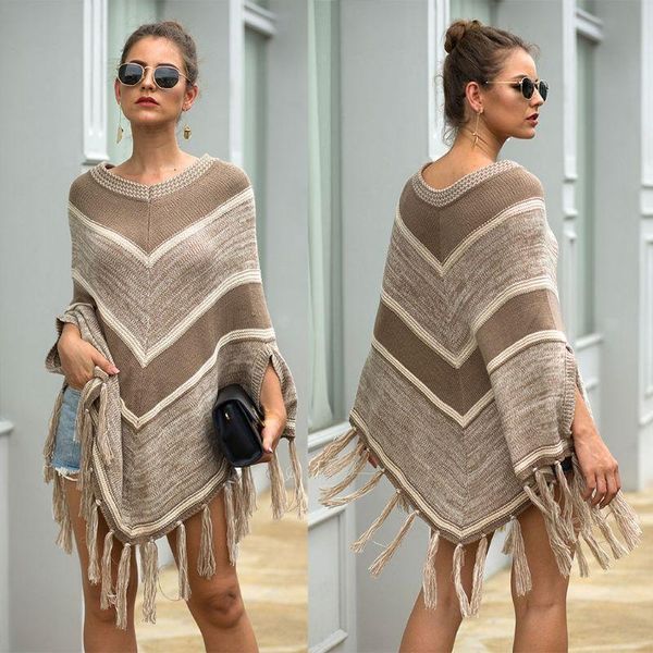 

women's sweaters women winter crew neck pullover sweater color block striped fringe tassels shawl wrap batwing knitted poncho cape, White;black