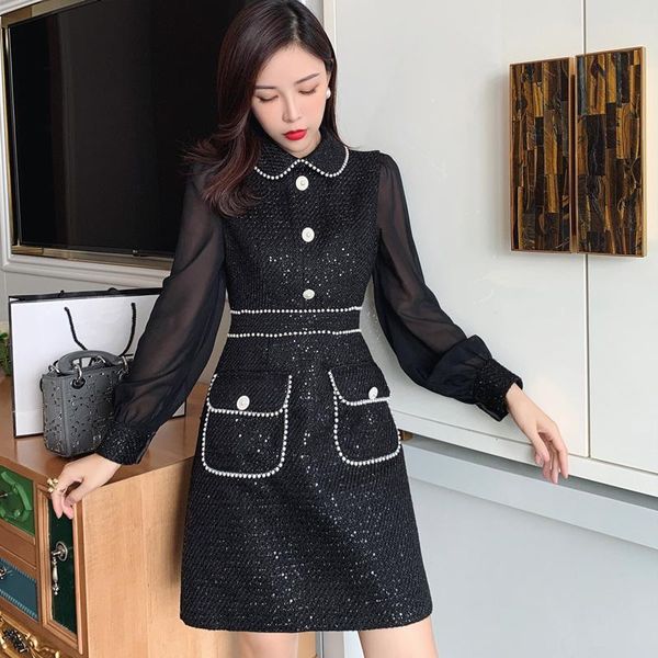 

casual dresses retro black wool winter dress 2021 runway women voile long sleeve beading vintage tweed elegant vestidos high quality, Black;gray
