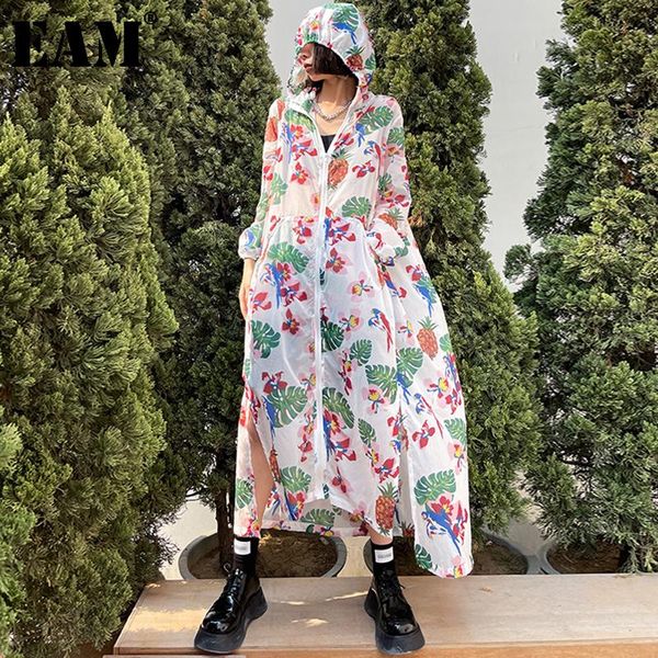 

[eam] loose fit print big size slit sunscreen jacket hooded long sleeve women coat fashion tide spring summer 2021 1dd7579 women's jack, Black;brown