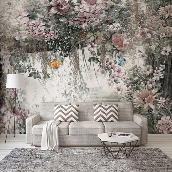 Estilo europeu retro mural papel de parede 3d aquarela videira flores pintura de parede sala de visitas tv criativo fresco papel de pareda 3 d