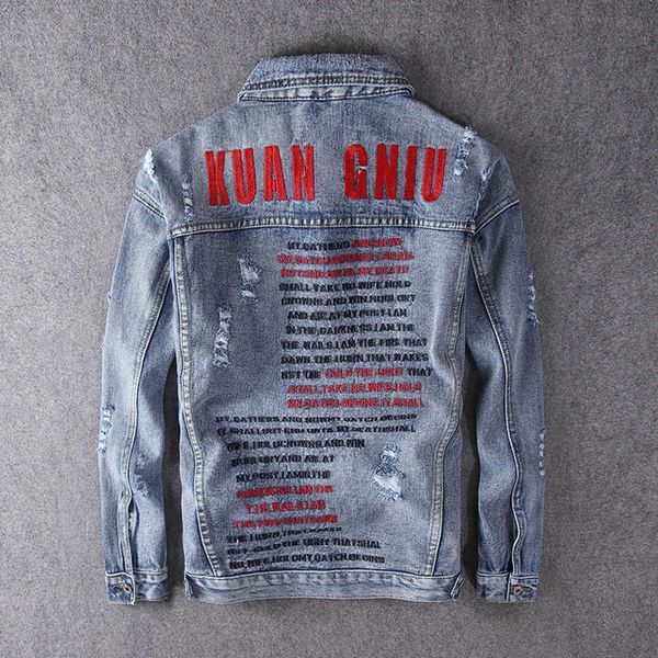 

men's jackets streetwear embroidery designer cotton punk coats retro blue fashion hip hop ripped denim jacket 3l69, Black;brown