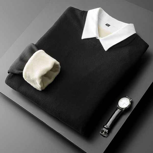 

sweater knit pusite autumn and winter fake two piece plush t shirt casual collar bottomed men's fashion, White;black