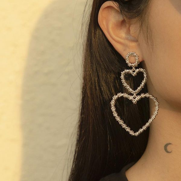 

dangle & chandelier fashionable double heart earrings for women simple temperament exaggerated geometry hollow love alloy earring female ear, Silver