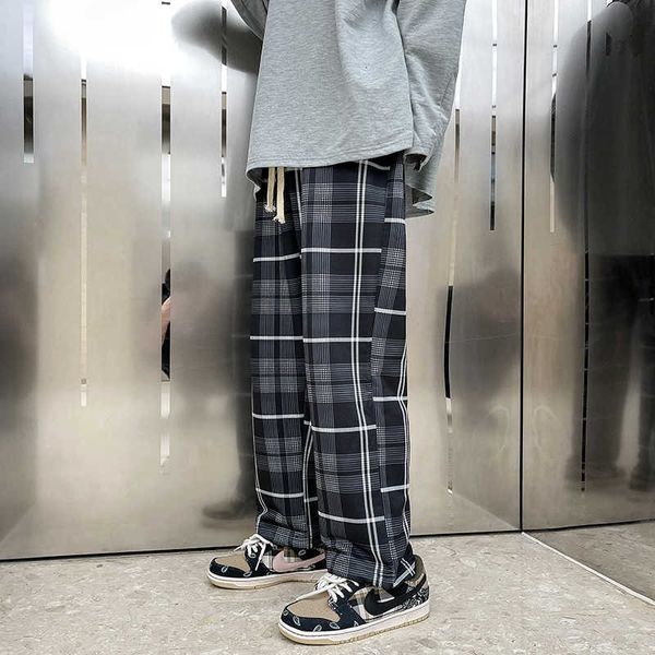 

men's pants spring summer plaid fashion retro casual men streetwear loose hip-hop straight wide-leg mens trousers mzf5, Black