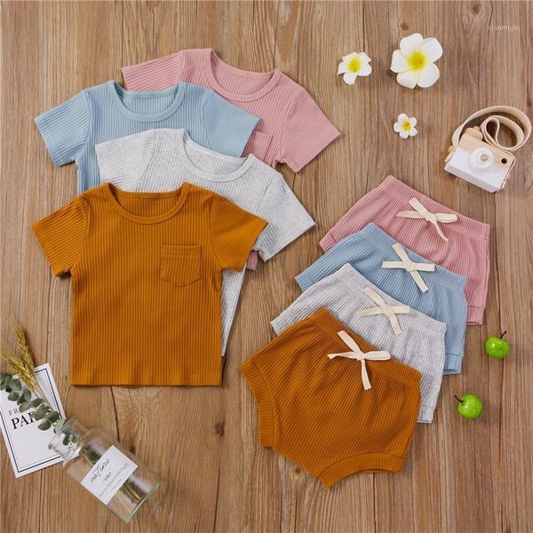 

kids baby girls solid ribbed clothes set summer short sleeve t-shirt elastic band shorts outfits sunsuit clothing sets, White