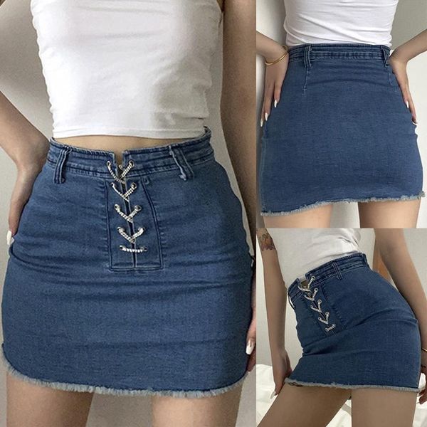 

women high waist bag hip solid skirt all-match stretch bodycon chain strap lace-up blue denim mini faldas fashion skirts, Black