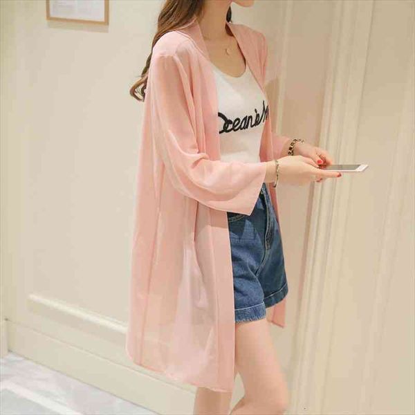 

women fashion long blouse chiffon shirt summer casual sunscreen cardigan female camisas chemises price high quality, White