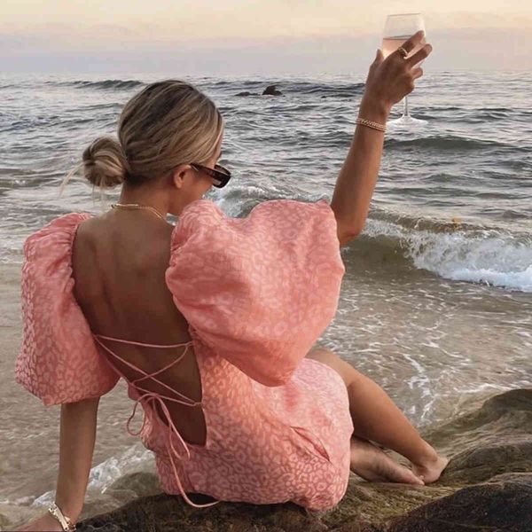 

jastie lace backless mini dress pink leopard print puff sleeve women dresses spring summer boho beach short vestidos 210419, White