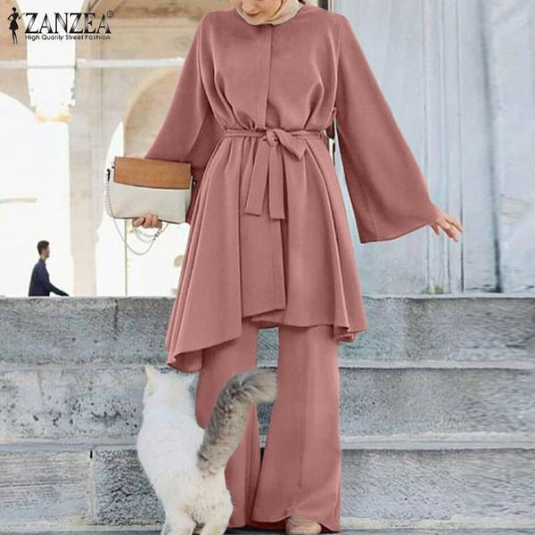 

ethnic clothing women long sleeve solid o-neck blouse tunic straight leg pants zanzea muslim sets marocain turkish kaftan islam, Red