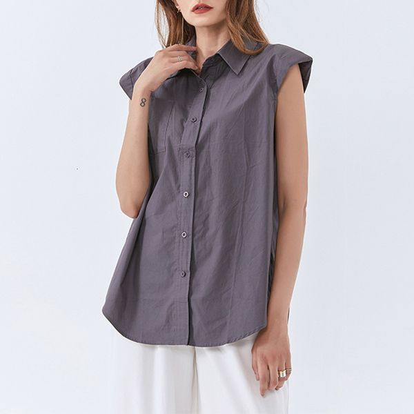 

women's blouses & shirts runway sleeveless design shirt summer fashion lapel single-breasted loose casual holiday elegant blouse clothi, White