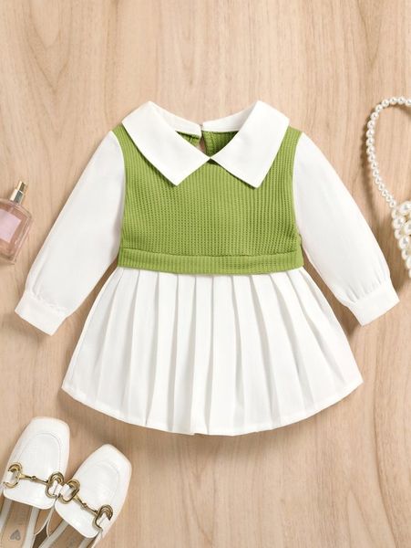 

baby two tone pleated 2 in 1 dress she, Red;yellow